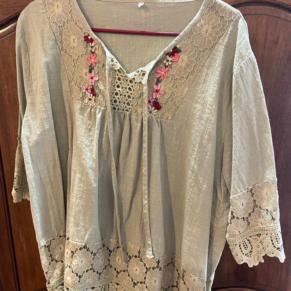 Embroidered Lace Trim Blouse - Cream